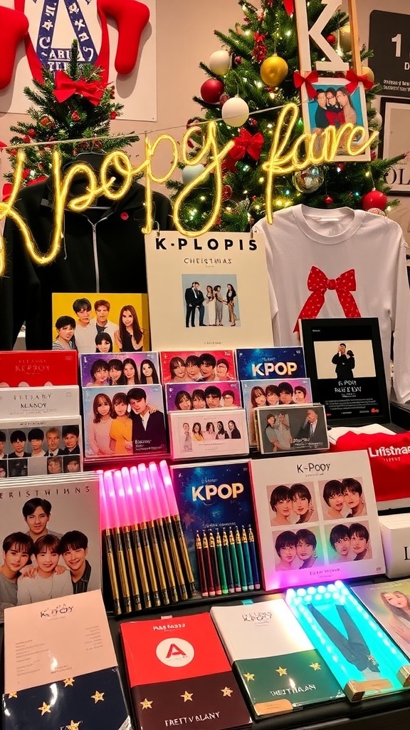 A collection of K-Pop merchandise including albums and lightsticks, set against a festive Christmas backdrop.